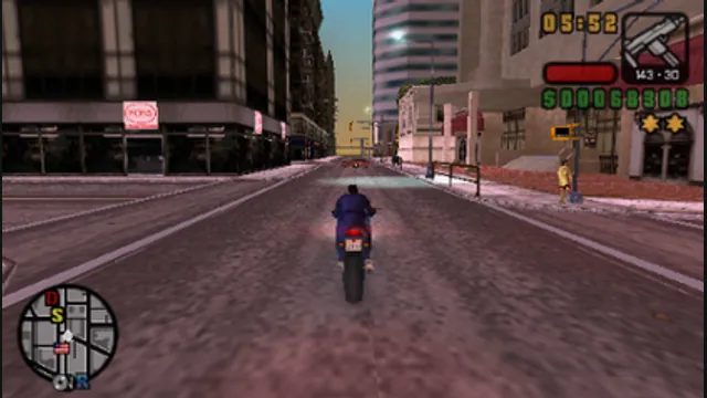 A motorcyclist rides along a city street in Liberty City Stories. Original-game reference.