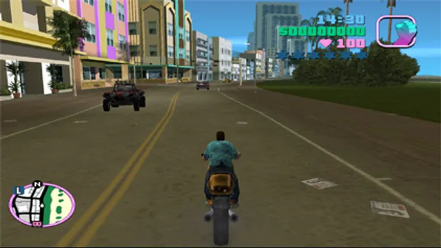 Tommy rides a motorcycle down a palm-lined street in Vice City. Original-game reference.