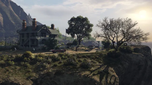 Grand Theft Auto V countryside scene with a farmhouse, people, parked car and a tire swing.