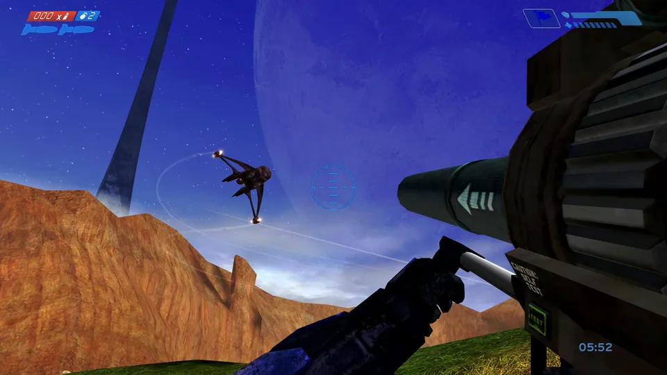 A rocket launcher aims at a Banshee over a canyon in Halo multiplayer. Original-game reference.