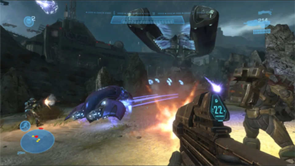 Noble Team fights Covenant forces beside a rocky outpost in Halo: Reach. Original-game reference.