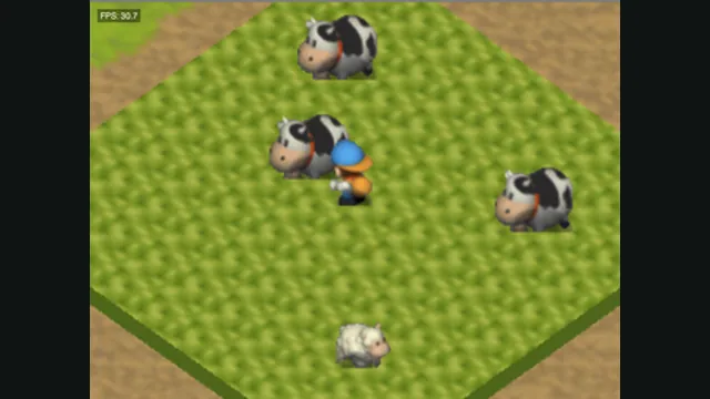 A farmer tends cows in a grassy Harvest Moon 64 field. Original-game reference.