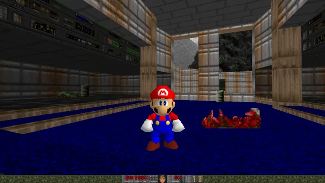 Mario stands in a Doom corridor in GZDoom SM64.