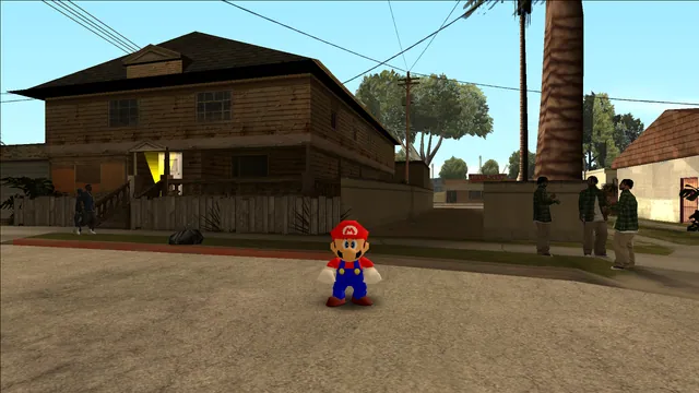 Mario stands on a Los Santos street in the Super Mario 64 and San Andreas mod.