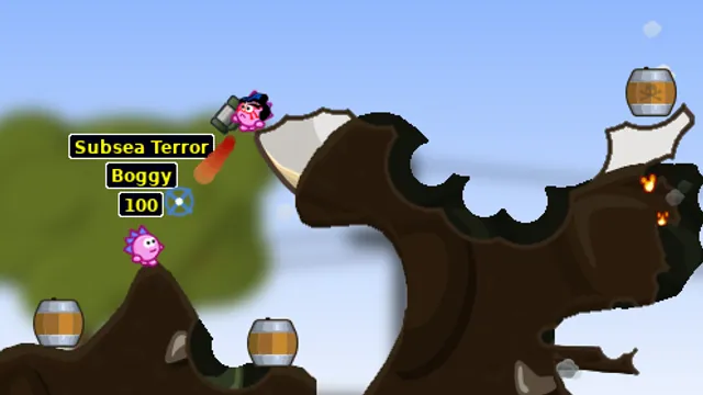 Hedgewars characters trade shots across a curved terrain map. Original-game reference.