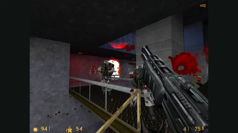 Half-Life combat in a concrete industrial room. Original-game reference.