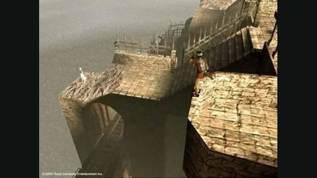 Ico and Yorda stand apart on stone battlements high above the ground. Original-game reference.