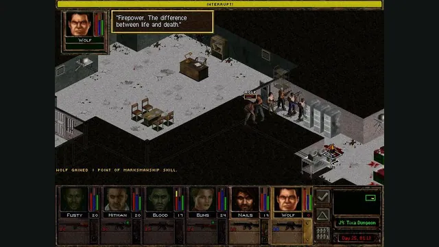 Mercenaries face opponents inside an isometric room, above the tactical command and character panels. Original-game reference.
