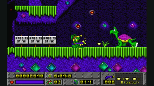 Jazz runs across a green-lit platform in a purple cavern with the original HUD visible. Original-game reference.