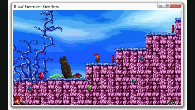 A Jazz Jackrabbit 2 character crosses purple rock platforms in the creator’s Jazz² Resurrection preview.