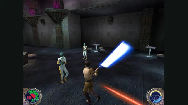 Kyle Katarn holds a blue lightsaber facing stormtroopers in a dark room. Original-game reference.