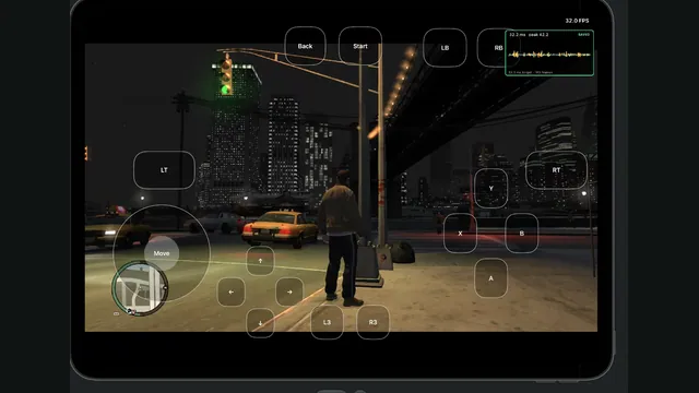A Grand Theft Auto IV street scene with touch controls in Theft4.