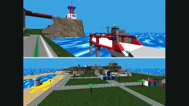 Two views of LEGO Island show its colorful buildings, roads and waterfront. Original-game reference.