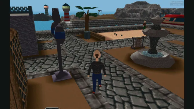 Twinsen stands in a seaside village rendered by LBA2 Remake.
