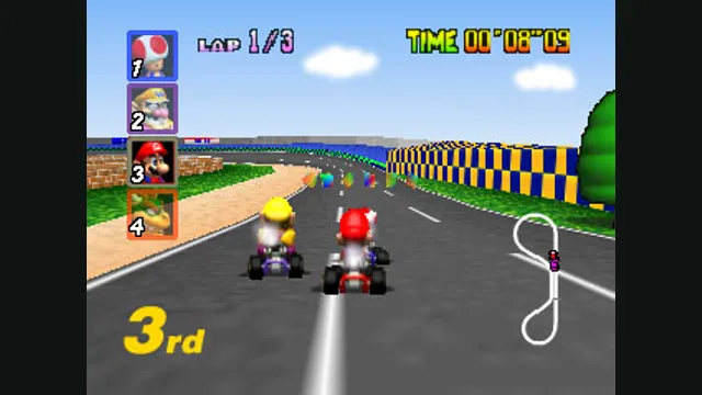 Karts race along a bend with lap and position displays in Mario Kart 64. Original-game reference.