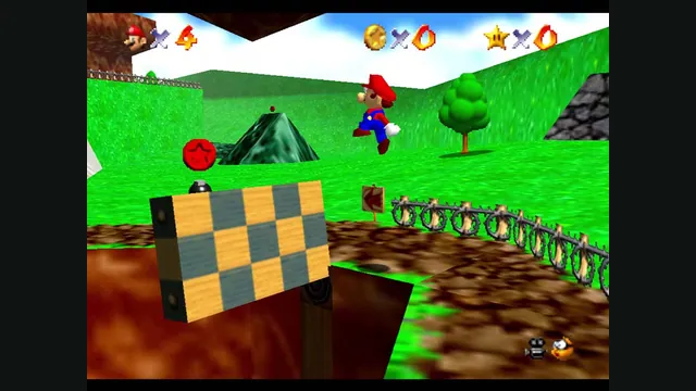 Mario jumps above a wooden bridge and green hills in the original Super Mario 64.