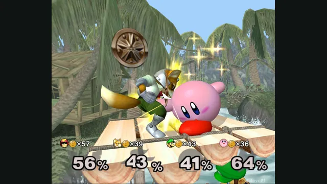 Fox and Kirby fight on Jungle Japes with four players’ damage and coin totals below.