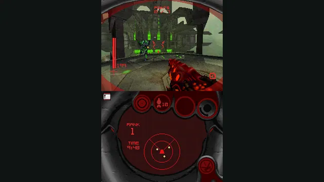 Both Nintendo DS screens show a first-person multiplayer view and radar in Metroid Prime Hunters. Original-game reference.