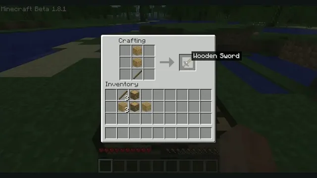 Crafting a wooden sword in Minecraft Beta 1.8.1. Earlier-version reference, not the EaglercraftX browser client.