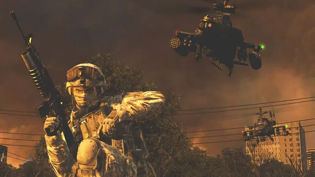 A soldier and helicopters in Modern Warfare 2 (2009). Original-game reference, not OVZ.