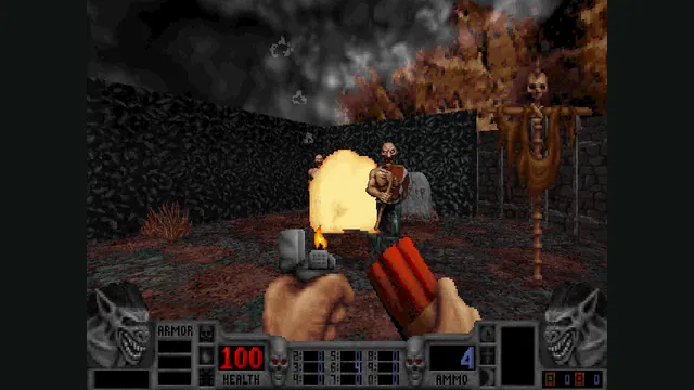 The player fires at an enemy in a dark Blood courtyard with the weapon and HUD visible.