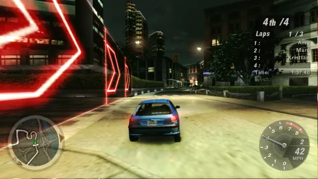 A blue Peugeot 206 drives past red neon arrows on a night street in Underground 2’s nfsu2.xyz browser port.