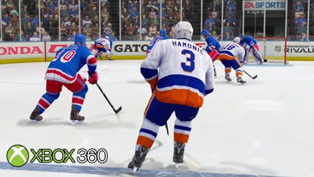 Islanders and Rangers players skate toward the puck in NHL Legacy Edition’s Xbox 360 gameplay thumbnail.