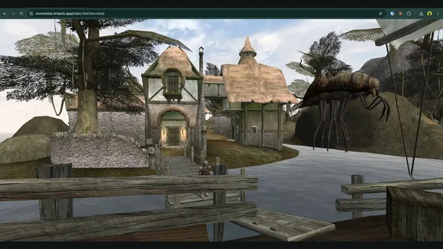 A wooden dock faces Seyda Neen houses and a silt strider in the browser port.