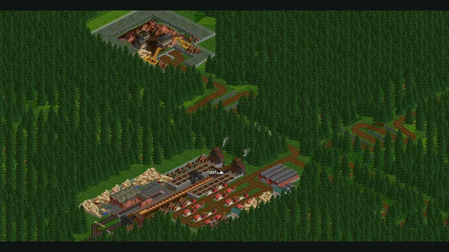 Railway tracks connect forest industries in ColdIce’s OpenTTD game.