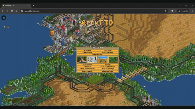 The OpenTTD menu sits over a map with railways, roads, cities and factories.