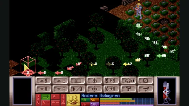 An X-COM soldier has a movement path plotted across an isometric nighttime battlefield.