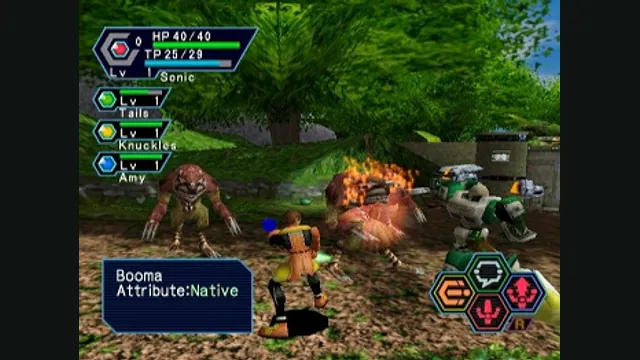 A party fights creatures in a green forest in Phantasy Star Online. Original-game reference.