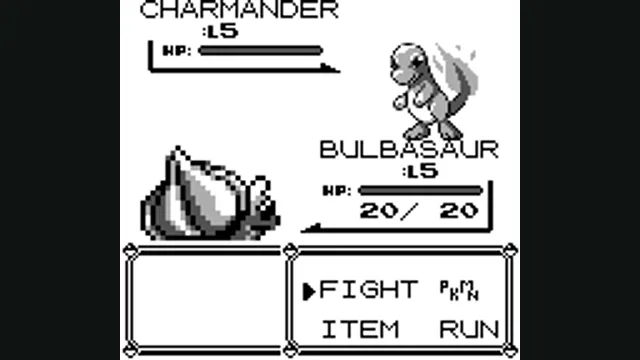 Bulbasaur battles Charmander in the original Pokémon battle interface. Original-game reference.