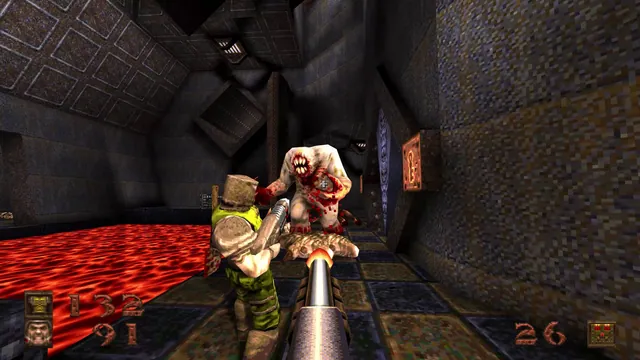 A chainsaw-wielding Ogre advances beside lava in Quake.