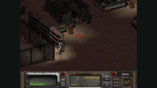 A Fallout 2 character stands by a town building above the inventory and action HUD.