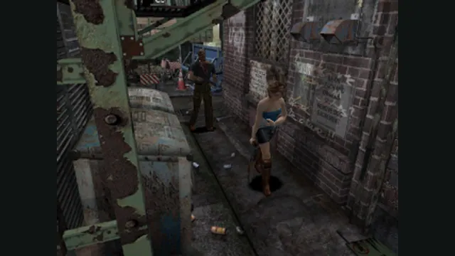Jill Valentine faces a zombie in a narrow Resident Evil 3 alley. Original-game reference.