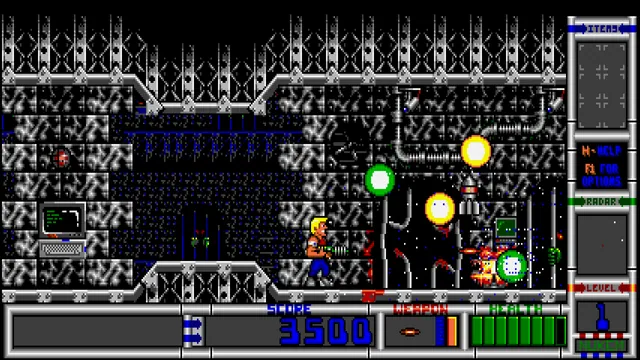 Duke fights among machinery and elevated metal platforms in RigelEngine.