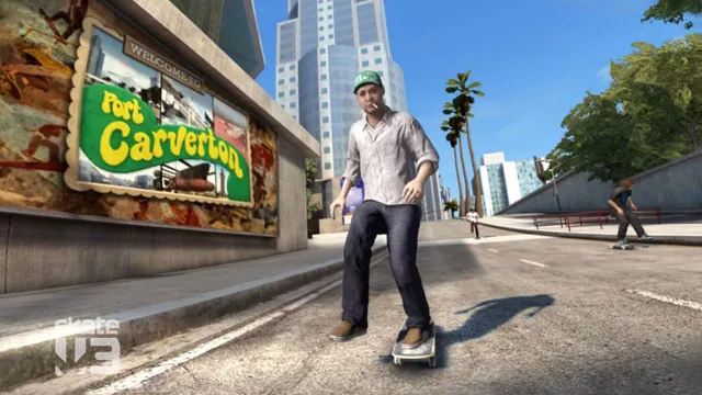 A skateboarder stands on his board on a sunny city street in Skate 3. Original-game reference.