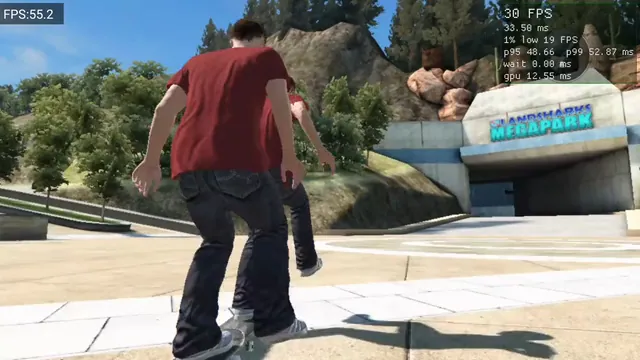 A red-shirted skater rolls toward the Megapark entrance in Andrew Nakas’s Android port.