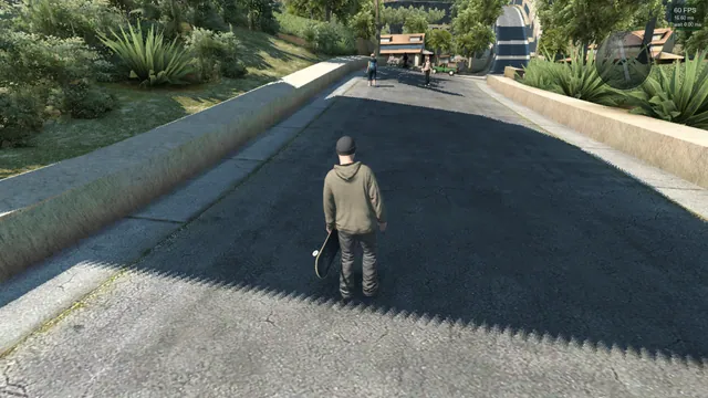 A skater stands on a steep tree-lined road in Skate3Recomp’s native renderer.