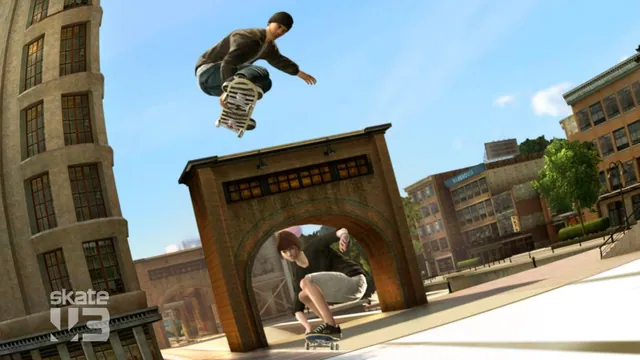 A skateboarder jumps above a brick plaza while another skater passes below in Skate 3.