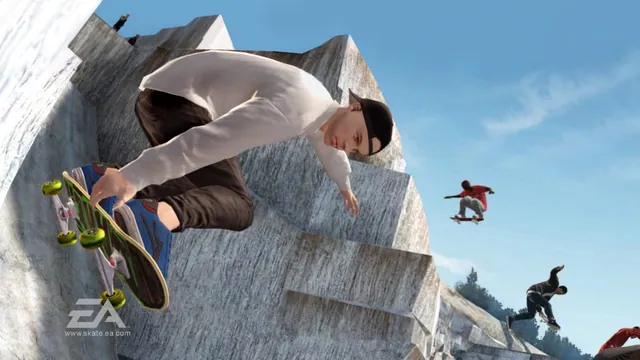 A skateboarder rides a concrete wall while other skaters follow in Skate 3.