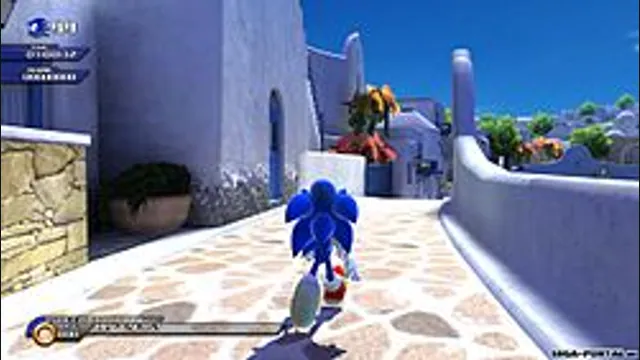 Sonic runs through a bright whitewashed town in Sonic Unleashed. Original-game reference.