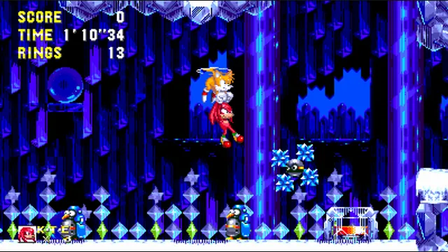 Sonic and Tails jump among blue ice crystals in Ice Cap.