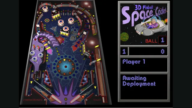 The Space Cadet pinball table with its bumpers, flippers and scoreboard. Original-game reference.