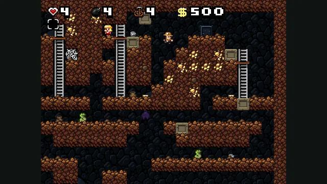 The explorer climbs ladders through a gold-filled cave in freeware Spelunky Classic. Original-game reference.