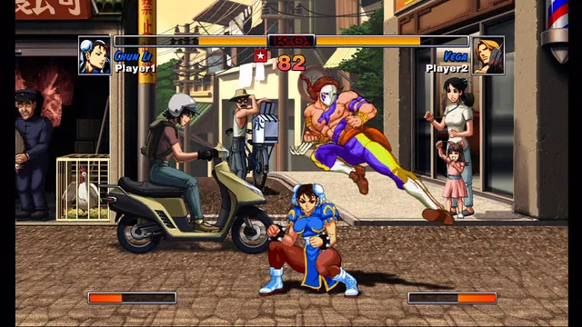 Vega jumps toward Chun-Li on a Hong Kong street in HD Remix.