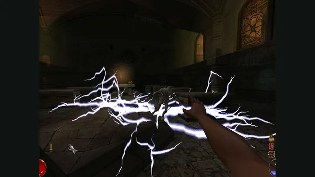 Lightning magic arcs from the player’s hands in an Arx Fatalis dungeon. Original-game reference.