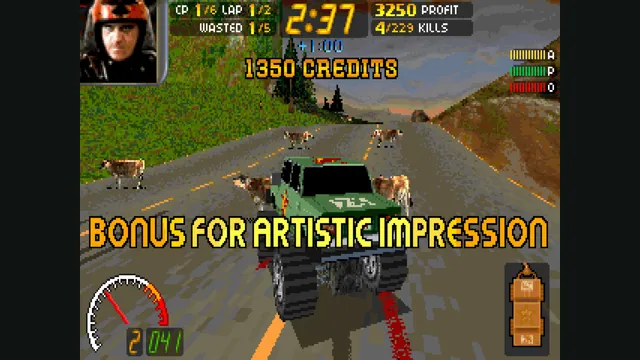 A car races along a road with the timer and damage display visible in Carmageddon. Original-game reference.