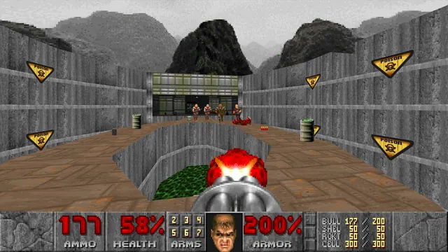 A first-person plasma weapon fires across a courtyard in Doom. Original-game reference.